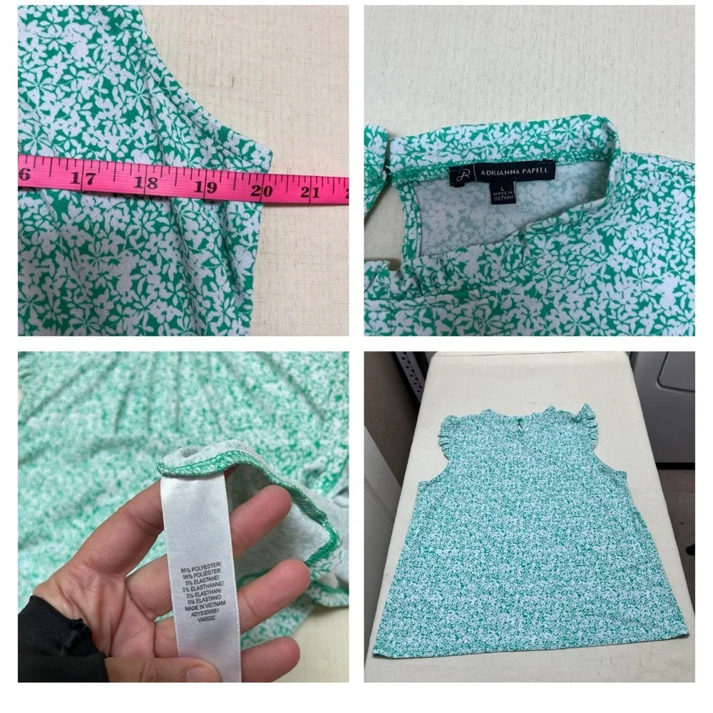 Adrianna Papell L green & white floral ruffle sleeve top